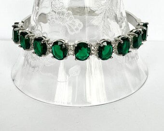 Green CZ Bangle Bracelet 7 1/2” circumference Stainless Steel with Cubic Zirconia Crystals Special Event Bracelet Party Bracelet