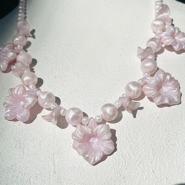 1980s Vintage Necklace Pink Floral Necklace 24” length Resin flower necklace bride necklace beach wedding necklace new vintage jewelry