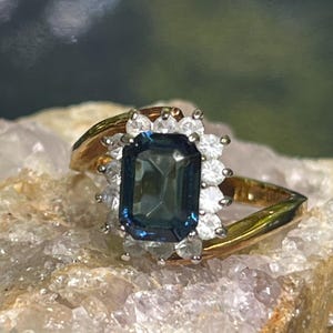 Size 6 Statement Ring Vintage Setting 14k HGE Heavy Gold Electroplate Royal Blue Cubic Zirconia White CZ Birthstone Ring for Her Birthday