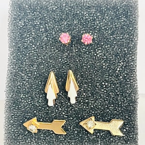 New Vintage stud earrings Lot 3 pairs pink studs arrow with CZ and geometric studs for women and girls