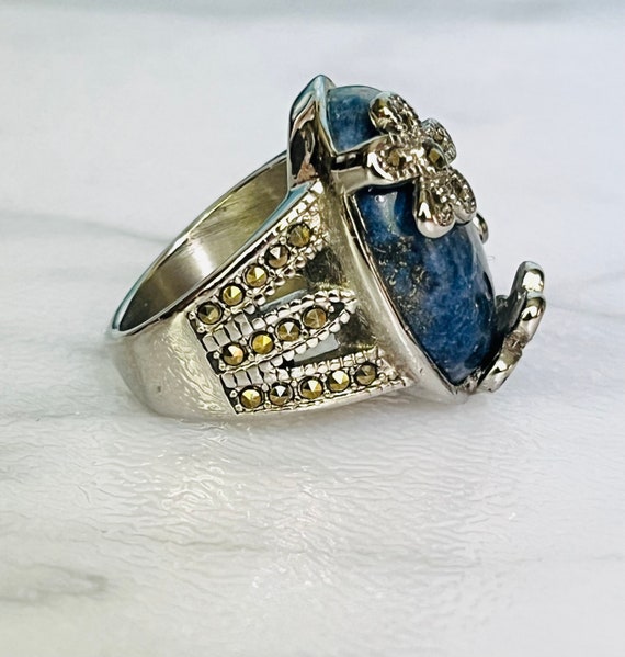 Vintage Lapis Lazuli Ring Size 6 Floral marcasite… - image 4