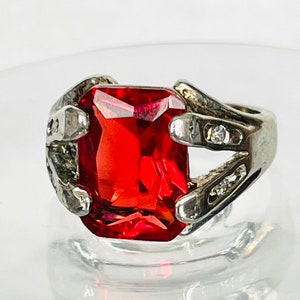 Size 6 1/2 Ring Vintage Statement Ring Red Cubic Zirconia Art Deco Style Geometric Design ring for women girls silver plated band