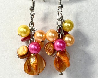 Shells faux pearl bead dangle earrings for women boho hippie beach tropical gift for her 2 1/4” length pink orange yellow