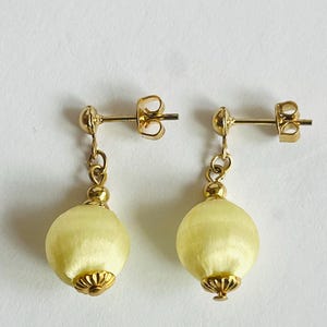 Vintage 1980s Yellow Silk Ball Drop Earrings, Korea NOS
