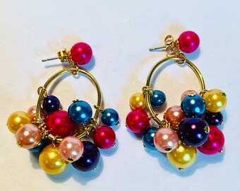 Vintage Earrings Dangle Beaded Party Earrings colorful Yellow Pink Purple Blue