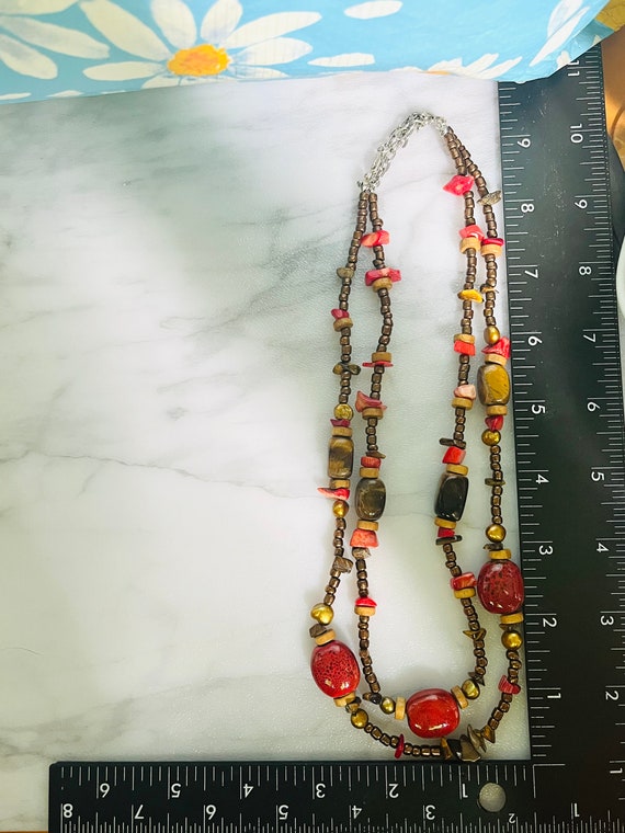 Vintage Tiger’s Eye Red Coral Red Ceramic beads G… - image 3