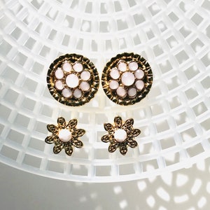 Vintage Gold Flower Stud Earrings: Pink Crystal & White Bead, Set of 2