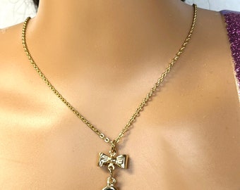 Crystal charm necklace for girls women may birth stone necklace bow 16” chain Victorian Style 1990s necklace New vintage love
