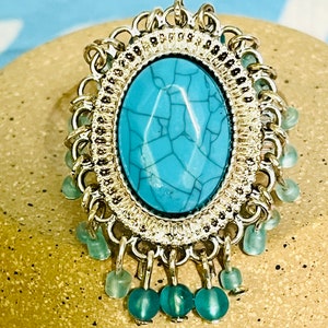 Vintage Stretch Ring Simulated Turquoise with dangle Beads Southwestern Design Party Ring stretch to size 8 to 9