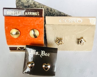 New 1980s Vintage Earrings 3 Pair of Stud Earrings Hearts Stars Circles retro vintage jewelry vintage earrings for women and girls