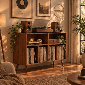 May include: A wooden record player console with six storage compartments, featuring a turntable and two speakers on top. The unit holds numerous vinyl records, a candle, a decorative knot, and a small box, with trailing plants on both sides.
