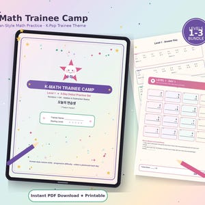 以下が含まれることがあります： K-PopをテーマにしたK-Math Trainee Campの算数練習ワークシートを表示するデジタルタブレット。ピンクの星のキャラクター、紫色のバナー、韓国語のテキストが特徴です。横にはレベル1の足し算と引き算の問題が印刷されたページが置かれています。