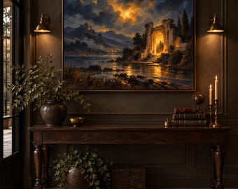 Dark Academia Ruins Oil Painting, Moonlit Lake Landscape, Glowing Arch Wall Art, Moody Gothic Original Oil Painting