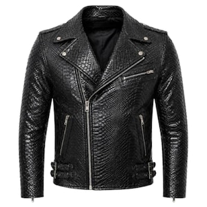 Men’s Black Genuine Lambskin Motorcycle Riding Fashion Outerwear Leather Snake Pattern Biker Jacket