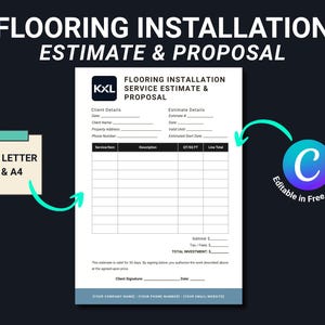 Op de afbeelding: Een wit formulier voor vloerinstallatie-offertes en voorstellen met zwarte tekst en rasterlijnen. Het document bevat velden voor klantgegevens, offertedetails en een tabel voor diensten, en is bewerkbaar in Canva voor A4-formaat.