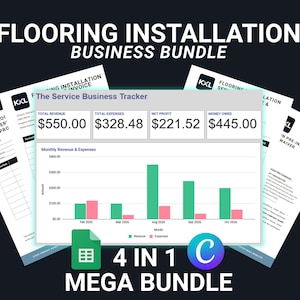 May include: A Flooring Installation Business Bundle featuring a Service Business Tracker with financial data, revenue and expense bar charts, and multiple document templates including invoices and pre-inspection forms with the KXL logo.