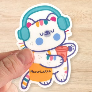Adesivo gatto autistico Meowtistic - Adesivo in vinile neurodivergente kawaii con cuffie e caffè - Regalo carino per l'autismo