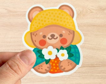Oso con flores blancas - Vinilo adhesivo brillante
