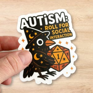 Adesivo de corvo para autismo, adesivo de vinil de pássaro de D&D, adesivo de vinil brilhante de dado de RPG engraçado, presente para jogador autista, corvo neurodivergente