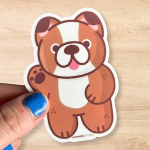 Pegatina de perro adorable, pegatina de vinilo de cachorro marrón kawaii, pegatina de vinilo brillante de perro de dibujos animados chibi, pegatina adorable para amantes de los perros bulldog