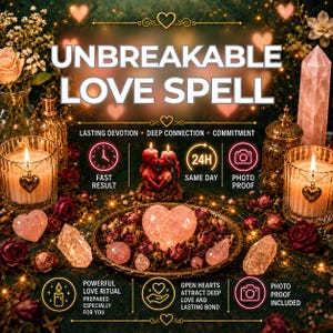 Op de afbeelding: Een digitale afbeelding met de titel UNBREAKABLE LOVE SPELL met twee kaarsen in glazen houders met hartvormige bedels, een centraal beeldje van twee omhelzende figuren, een schaal met gedroogde rozen en rozenkwarts kristallen.