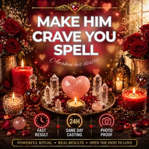 May include: A ritual set featuring a heart-shaped rose quartz, clear crystal points, red candles, and rose petals. Text reads: MAKE HIM CRAVE YOU SPELL, Awaken his desire, FAST RESULT, 24H SAME DAY CASTING, PHOTO PROOF, POWERFUL RITUAL, REAL RESULTS, OPEN THE PATH TO LOVE.