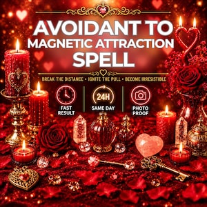 以下が含まれることがあります： AVOIDANT TO MAGNETIC ATTRACTION SPELL、BREAK THE DISTANCE、IGNITE THE PULL、BECOME IRRESISTIBLE、24H SAME DAY、PHOTO PROOFというテキストが書かれたデジタル画像。赤いキャンドル、バラ、クリスタル、金色の鍵が写っています。