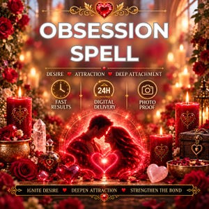 Op de afbeelding: Een digitale afbeelding met de titel OBSESSION SPELL, voorzien van rode rozen, kaarsen met hartsymbolen, een kristal en een centrale cirkel met een koppel. De tekst bevat DESIRE, ATTRACTION, DEEP ATTACHMENT, FAST RESULTS, 24H DIGITAL DELIVERY, PHOTO PROOF, IGNITE DESIRE, DEEPEN ATTRACTION, STRENGTHEN THE BOND.
