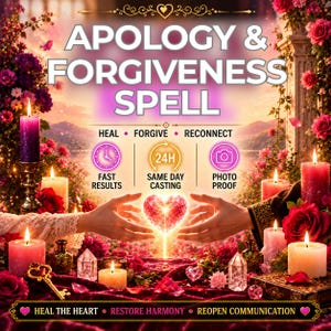 Könnte beinhalten: Eine digitale Grafik mit dem Titel APOLOGY & FORGIVENESS SPELL und dem Text HEAL, FORGIVE, RECONNECT, FAST RESULTS, SAME DAY CASTING, PHOTO PROOF, HEAL THE HEART, RESTORE HARMONY, REOPEN COMMUNICATION. Sie zeigt Kerzen, Rosen und ein leuchtendes Herz.