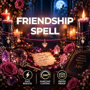 Pode incluir: Duas velas pretas com chamas acesas, conectadas por um fio rosa com três pingentes de coração dourados. Uma bola de cristal, uma chave dourada, rosas cor-de-rosa e um livro intitulado Good Friends Brighter Days estão presentes. O texto diz Friendship Spell e Friends make life brighter.