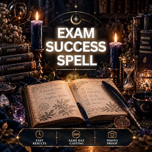 May include: An open book with the text A focused mind creates a brighter future and a checklist including Focus, Motivation, Clarity, Good Grades, and Success. The image features dark blue candles, an hourglass, and the text EXAM SUCCESS SPELL.