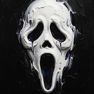 Puede incluir: Una pintura al óleo texturizada sobre un fondo negro que presenta la icónica máscara blanca de Ghostface de la película Scream. La pintura blanca espesa en empaste crea un efecto distorsionado y derretido alrededor de los ojos y la boca. La palabra SCREAM está impresa en blanco en la parte inferior, con el logotipo de Art Depot en la esquina.