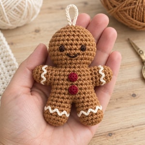 Könnte beinhalten: Ein kleines, braunes, gehäkeltes Lebkuchenmännchen-Ornament mit einem lächelnden Gesicht, dunkelbraun gestickten Augen und Mund, zwei roten runden Knöpfen auf der Brust sowie weißem Zickzack-Besatz an Armen und Beinen mit einer kleinen Aufhängeschlaufe.