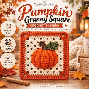 May include: A crochet granny square featuring a three-dimensional orange pumpkin with a brown stem and green leaf, centered on a white and orange square border. Text includes "Pumpkin Granny Square," "DIGITAL PDF," "BEGINNER FRIENDLY," and "AUTUMN HOME DECOR."