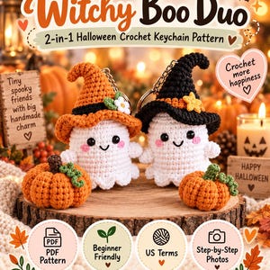 May include: A digital pattern for a 2-in-1 Halloween crochet keychain featuring two white ghosts with black eyes and pink cheeks, one wearing an orange witch hat and one wearing a black witch hat, accompanied by two small orange crochet pumpkins.