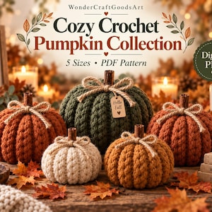May include: A digital PDF pattern for a Cozy Crochet Pumpkin Collection featuring five sizes. The image displays five crocheted pumpkins in orange, dark green, cream, and mustard yellow, each topped with a cinnamon stick stem and twine bow.