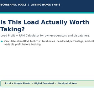 May include: A digital document titled SECUREHAUL TOOLS | LISTING IMAGE 1 OF 6. The text reads: Is This Load Actually Worth Taking? Load Profit + RPM Calculator for owner-operators and dispatchers. Excel + Google Sheets • Digital Download • No physical item.