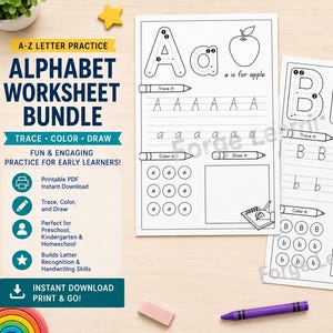 Cover of a 26-page A to Z alphabet tracing worksheet bundle for preschool