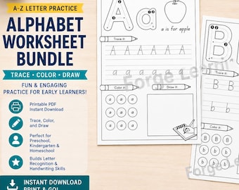 Alphabet Tracing Worksheets A to Z, Preschool Letter Practice, Letter Recognition and Handwriting, 26 Page PDF