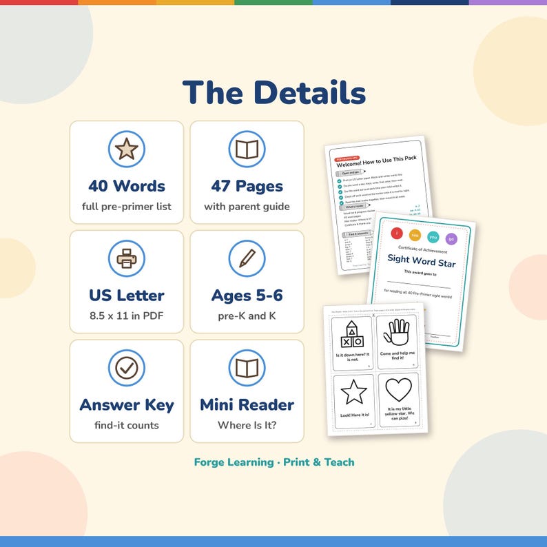 Sight word pack details: 47 US Letter pages, ages 5-6, all 40 pre-primer words, find-it answer key, Where Is It? mini reader and Sight Word Star certificate