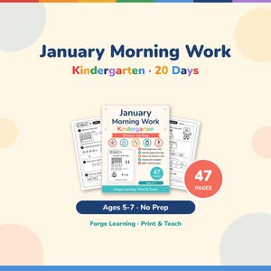 January Morning Work kindergarten cover: 20 days, no prep, math and reading every day, 47 pages, ages 5-7, printable PDF by Forge Learning