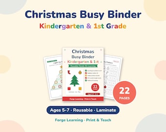 May include: A Christmas Busy Binder for kindergarten and 1st grade featuring 22 pages of reusable hands-on learning activities. The cover displays a green Christmas tree, a red stocking, and a gold ornament with text including Ages 5-7.