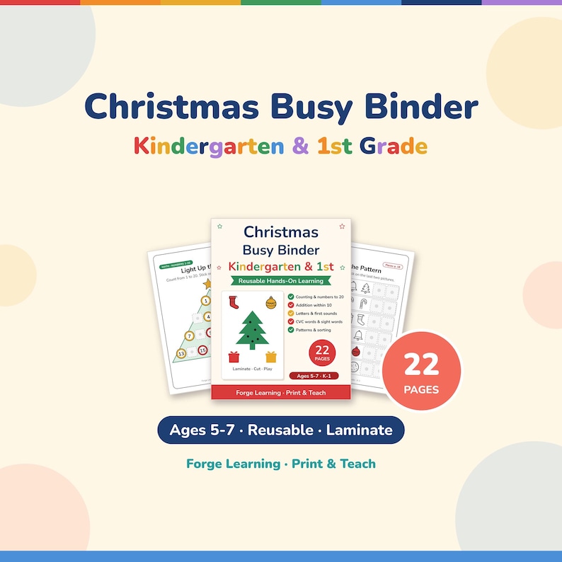 Christmas Busy Binder for kindergarten and 1st grade: cover page with a tree, stocking and gifts, shown with the numbers tree and pattern boards. 22 pages.