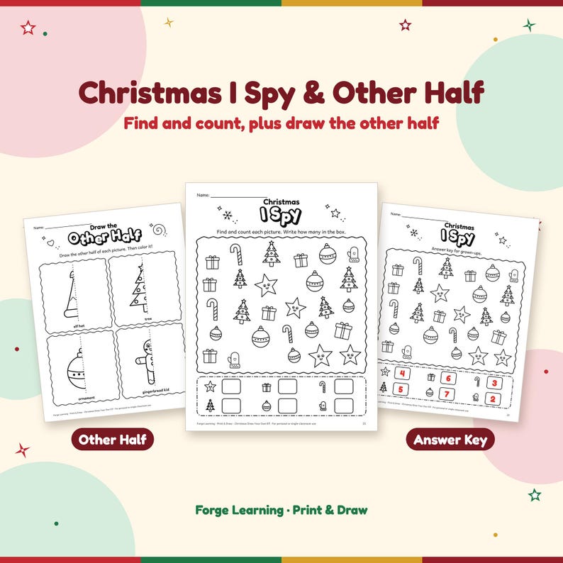 Christmas I Spy find-and-count page with stars, presents, candy canes, trees, ornaments and mittens, its answer key, and a draw the other half page.