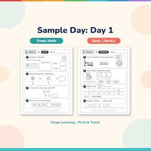 Sample day spread showing number of the day, ten frames, addition, CVC word and sentence practice