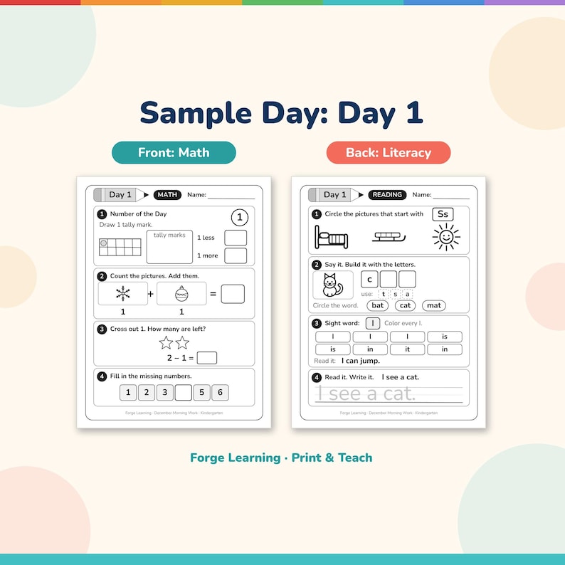 Sample day spread showing number of the day, ten frames, addition, CVC word and sentence practice
