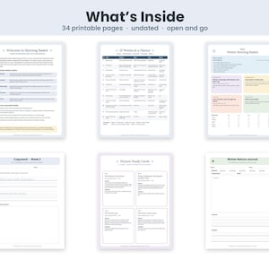 What's inside: 34 printable pages, undated and open and go, including a Welcome to Morning Basket guide, a 12 Weeks at a Glance table, a weekly plan page, Copywork Week 2, Picture Study Cards and a Winter Nature Journal.