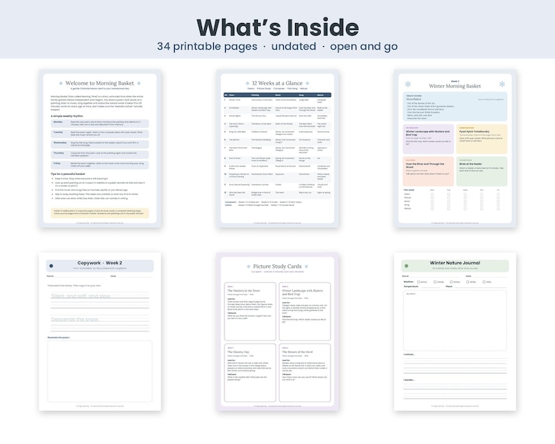 What's inside: 34 printable pages, undated and open and go, including a Welcome to Morning Basket guide, a 12 Weeks at a Glance table, a weekly plan page, Copywork Week 2, Picture Study Cards and a Winter Nature Journal.