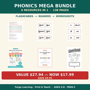Phonics Bundle Kindergarten | CVC Flashcards, Decodable Readers, Sight Word Worksheets, Consonant Blends, Short Vowel Printable image 1