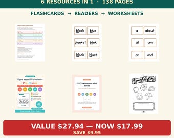 Phonics Bundle Kindergarten | CVC Flashcards, Decodable Readers, Sight Word Worksheets, Consonant Blends, Short Vowel Printable